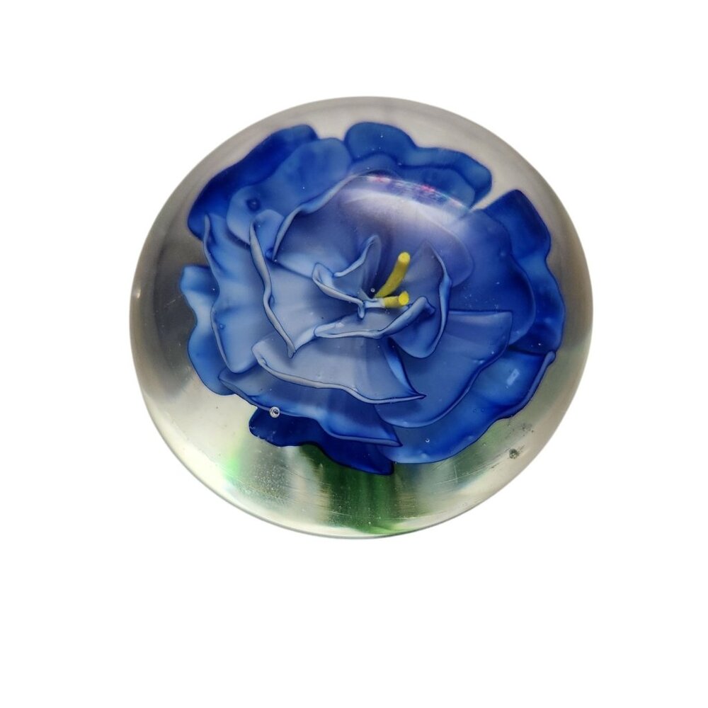 Dynasty Gallery Art Glass Blue Yellow Flower Round Ball Orb Paperweight 2 1/3"